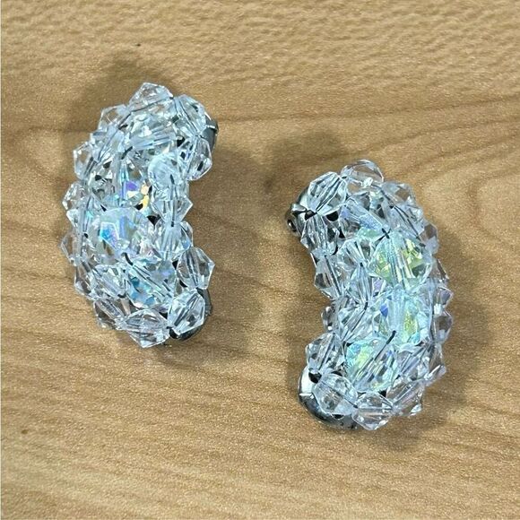 Gorgeous Vintage Clip On AB Earrings Wire Wrapped Huggers Aurora Borealis EUC - Picture 1 of 6